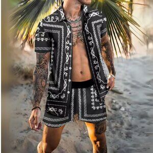 Men's Black Print Collared Neck Short Sleeve Top & Shorts Resort Outfit